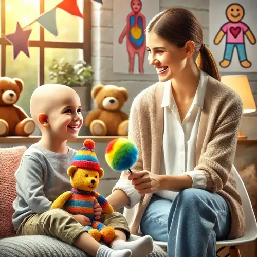 Psicooncología Pediátrica Psicóloga infantil apoyando a niño con cáncer en un entorno cálido y seguro.